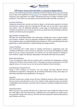 frp pipes know their benefits in industrial