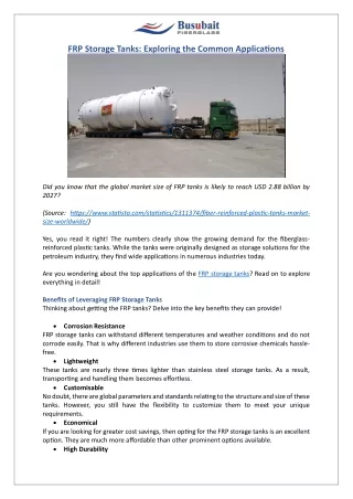 Fiberglass Reinforced Plastic Tanks | Top Industries & Uses | Busubait