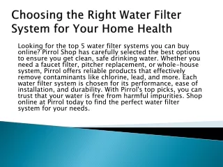 Choosing the Right Water Filter System for Your Home Health