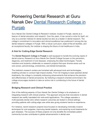 Pioneering Dental Research at Guru Nanak Dev Dental Research College in Punjab