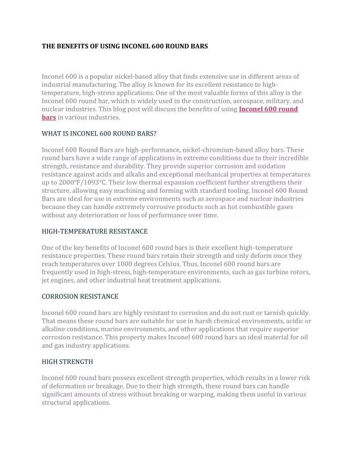 the benefits of using inconel 600 round bars