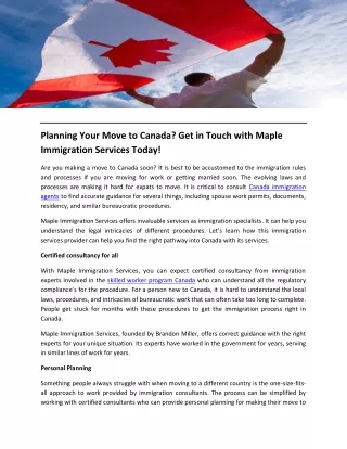 Planning Your Move to Canada Get in Touch with Maple Immigration Services Today!