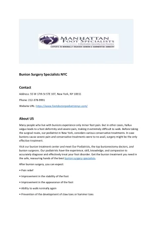 Bunion Surgery Specialists NYC