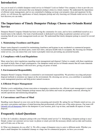 The Importance of Timely Dumpster Pickup: Choose our Orlando Rental Service