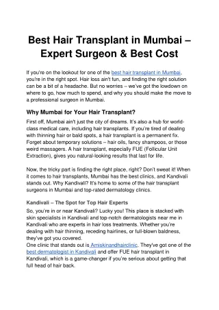 Best Hair Transplant in Mumbai – Expert Surgeon & Best Cost