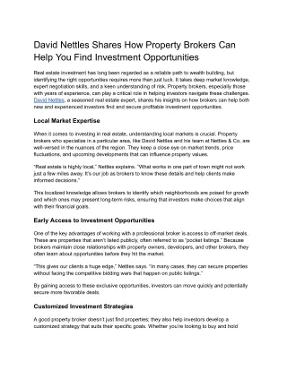 David Nettles Shares How Property Brokers Can Help You Find Investment Opportunities