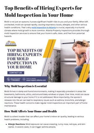 Top Benefits of Hiring Experts for Mold Inspection in Your Home