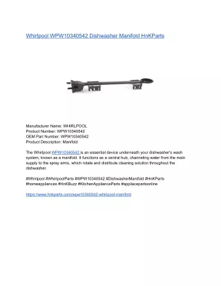 Whirlpool WPW10340542 Dishwasher Manifold HnKParts