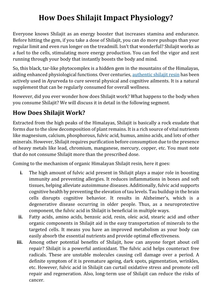 how does shilajit impact physiology