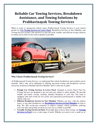 Reliable Car Towing and Breakdown Services in Lower Parel and Navi Mumbai