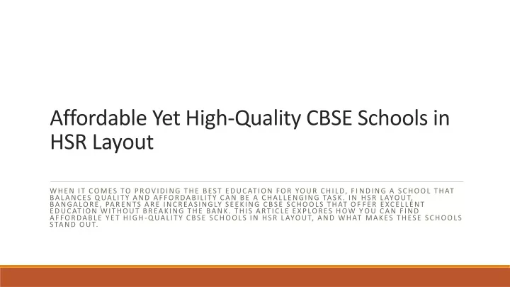 affordable yet high quality cbse schools in hsr layout