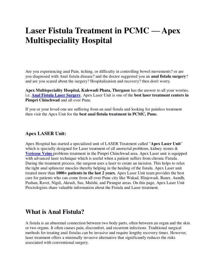 laser fistula treatment in pcmc apex