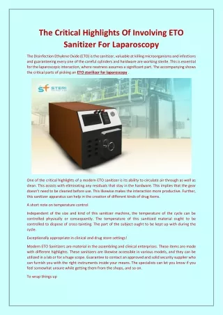 The Critical Highlights Of Involving ETO Sanitizer For Laparoscopy