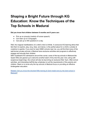 Shaping a Bright Future through KG Education Know the Techniques of the Top Schools in Madurai