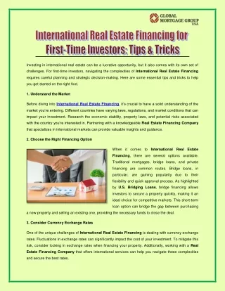 International Real Estate Financing for First-Time Investors - Tips & Tricks