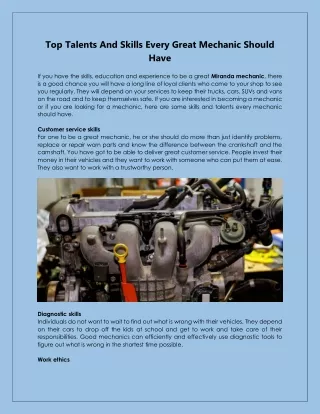 Top Talents And Skills Every Great Mechanic Should Have