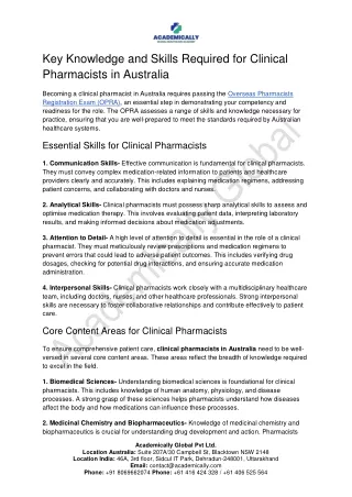 Key Knowledge and Skills Required for Clinical Pharmacists in Australia