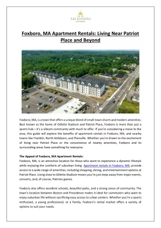 Foxboro, MA Apartment Rentals- Living Near Patriot Place and Beyond