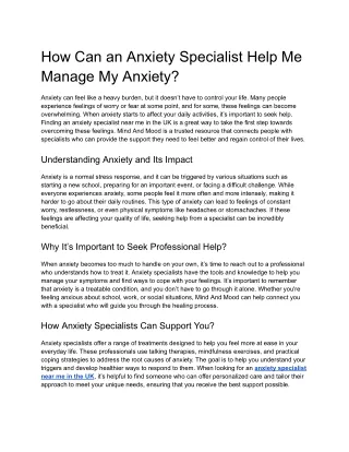How Can an Anxiety Specialist Help Me Manage My Anxiety
