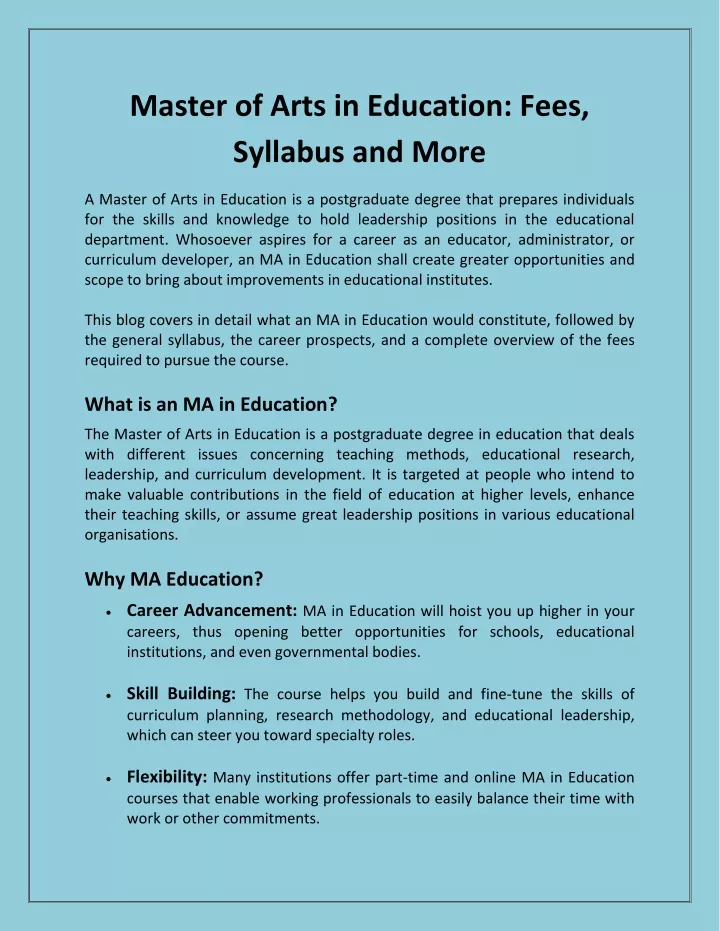 master of arts in education fees syllabus and more