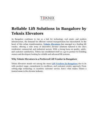 Reliable Lift Solutions in Bangalore by Teknix Elevators