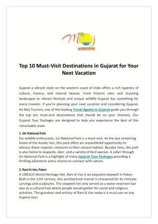 Top 10 Must-Visit Destinations in Gujarat for Your Next Vacation