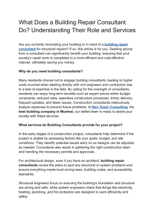 Building repair consultant in Mumbai | Neo-Tech Consultant