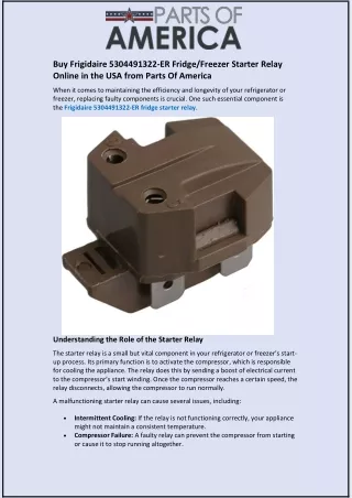 Buy Frigidaire 5304491322-ER Fridge/Freezer Starter Relay Online in the USA from