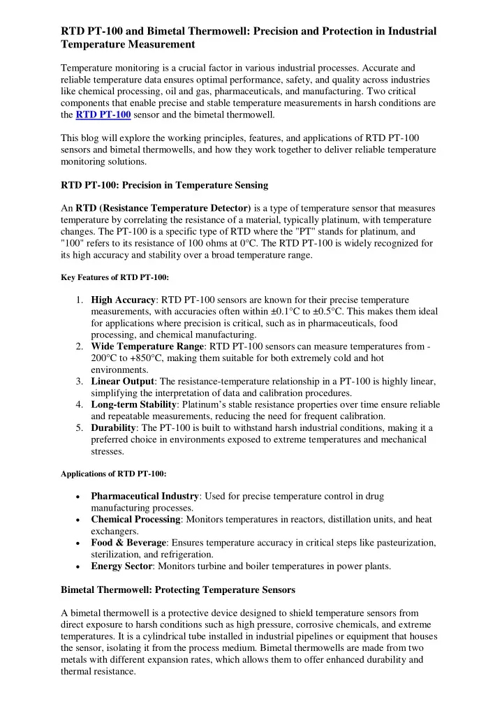 rtd pt 100 and bimetal thermowell precision