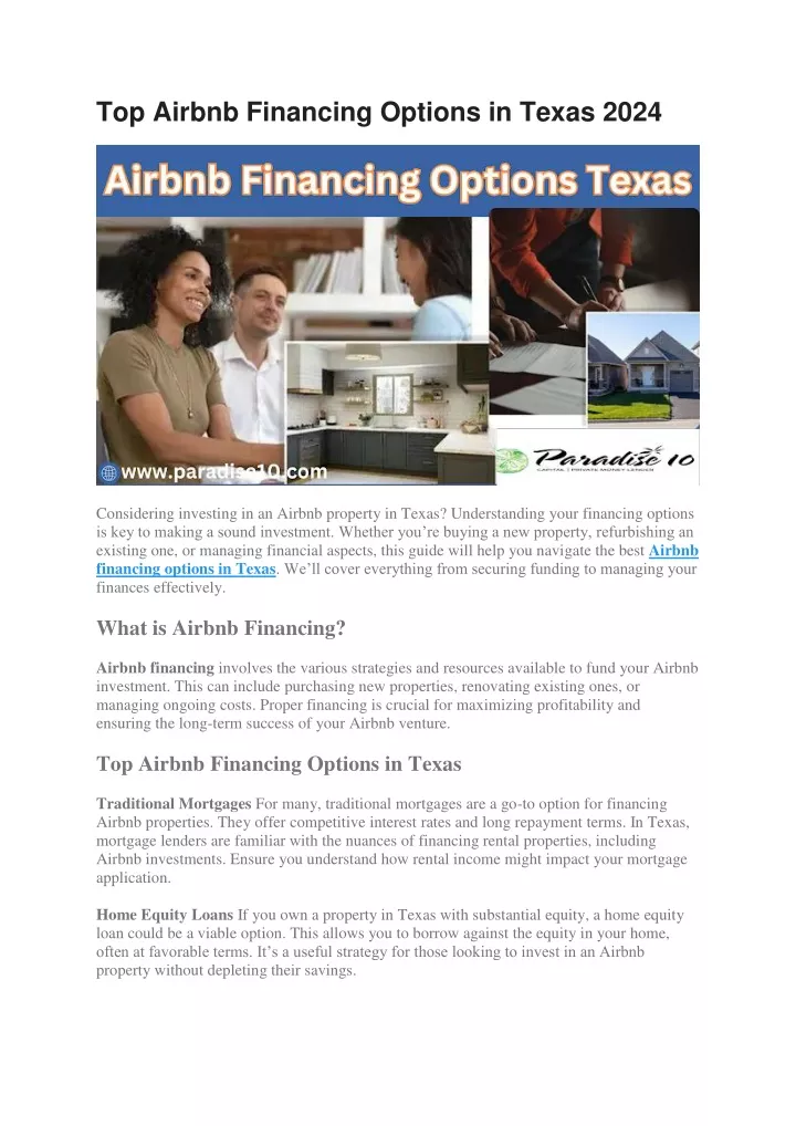 top airbnb financing options in texas 2024