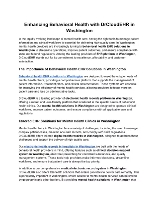 Enhancing Behavioral Health with DrCloudEHR in Washington