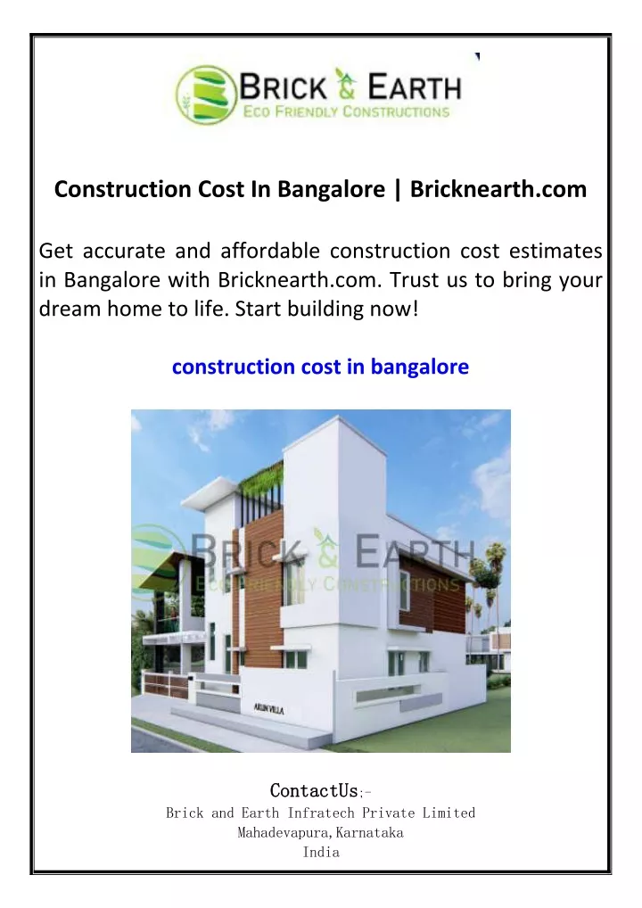 construction cost in bangalore bricknearth com