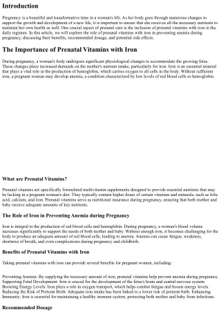 The Role of Prenatal Vitamins with Iron in Preventing Anemia during Pregnancy
