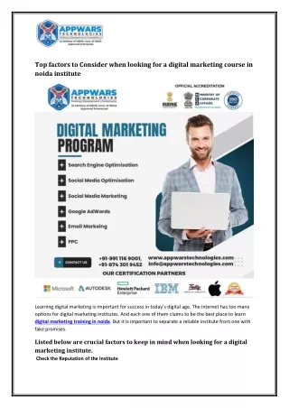 Top factors to Consider when looking for a digital marketing course in noida institute