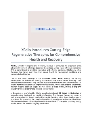 XCells Introduces Cutting-Edge Regenerative Therapies for Comprehensive Health and Recovery