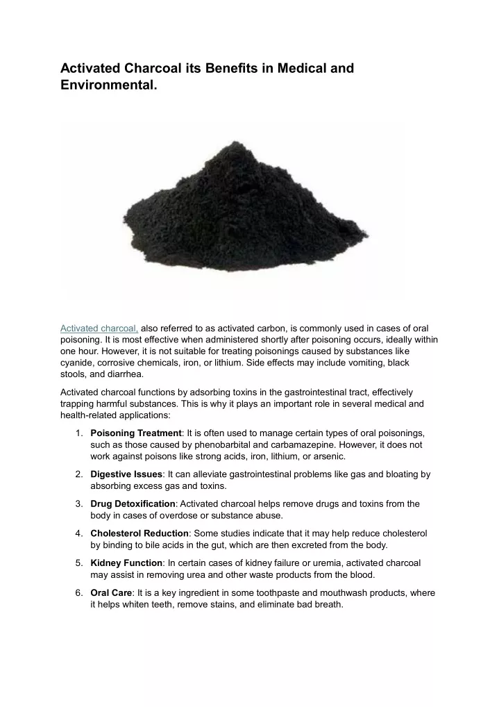 activated charcoal its benefits in medical