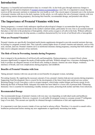 The Role of Prenatal Vitamins with Iron in Preventing Anemia during Pregnancy
