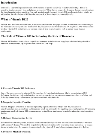 The Role of Vitamin B12 in Reducing the Risk of Dementia