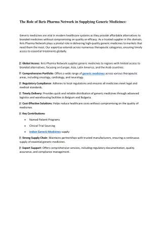 The Role of Ikris Pharma Network in Supplying Generic Medicines