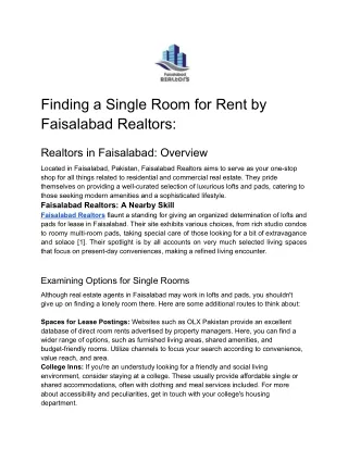 Finding Single Room For Rent By Faisalabad Realtors
