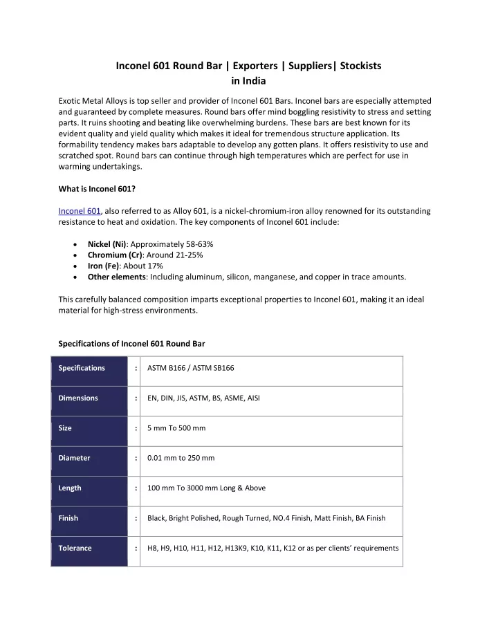 inconel 601 round bar exporters suppliers