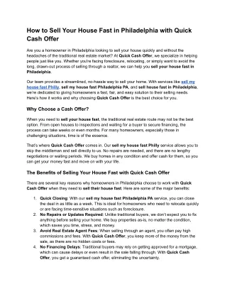 How to Sell Your House Fast in Philadelphia with Quick Cash Offer