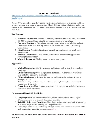 Monel 400  Stud Bolt Stockists