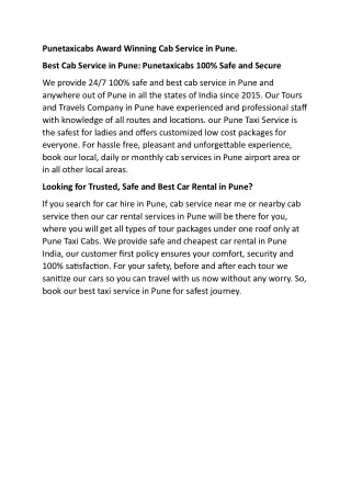 Best Cab Service in Pune: Punetaxicabs 100% Safe and Secure