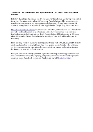 ebook conversion services - Apex Solutions LTD