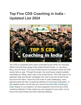 Top Five CDS Coaching in India - Updated List 2024