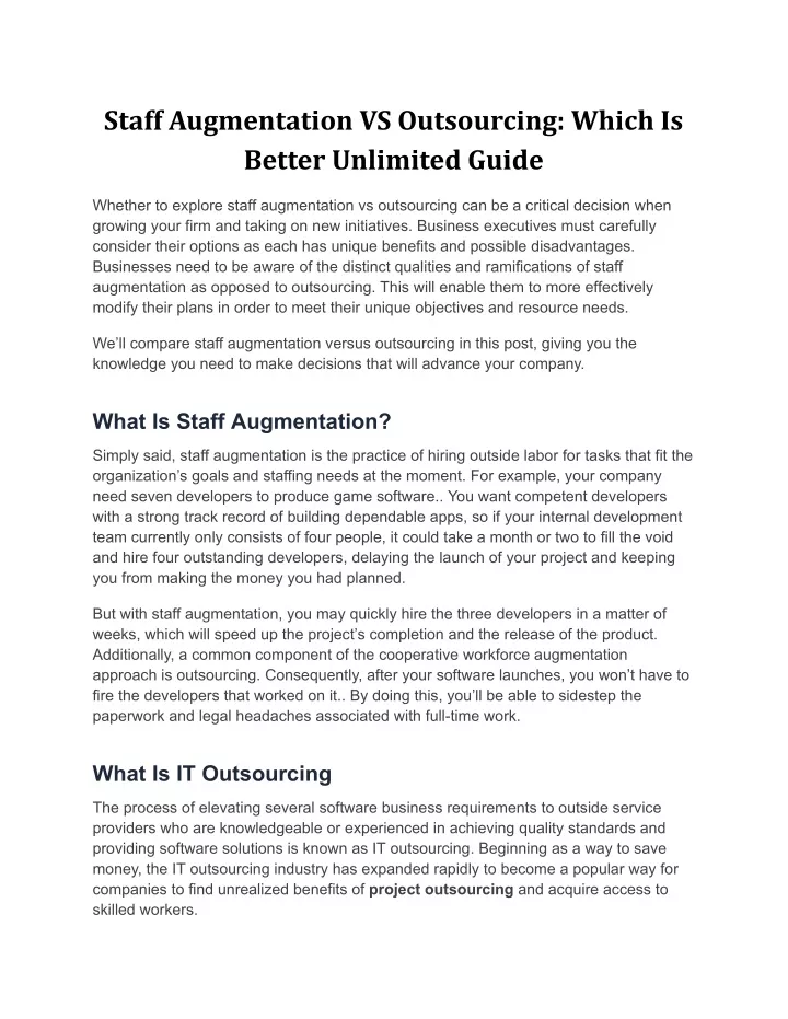 staff augmentation vs outsourcing which is better