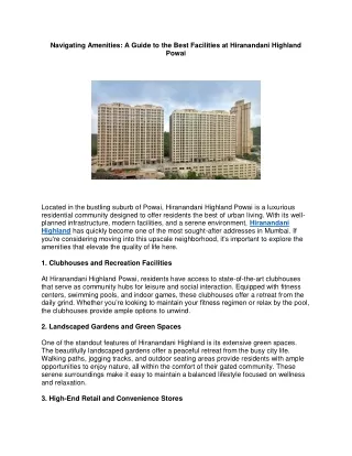 Navigating Amenities A Guide to the Best Facilities at Hiranandani Highland Powai