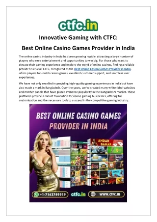 CTFC: Best Online Casino Games Provider in India for Exciting Gaming
