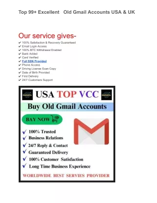 Top  Best  Verified Old Gmail  Account For Sale